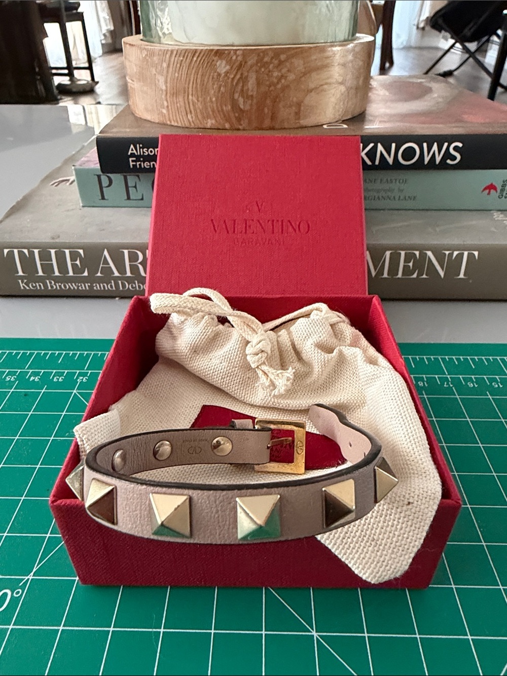 Valentino Garavani Beige Leather Rockstud Bracelet with Gold-Tone Hardware